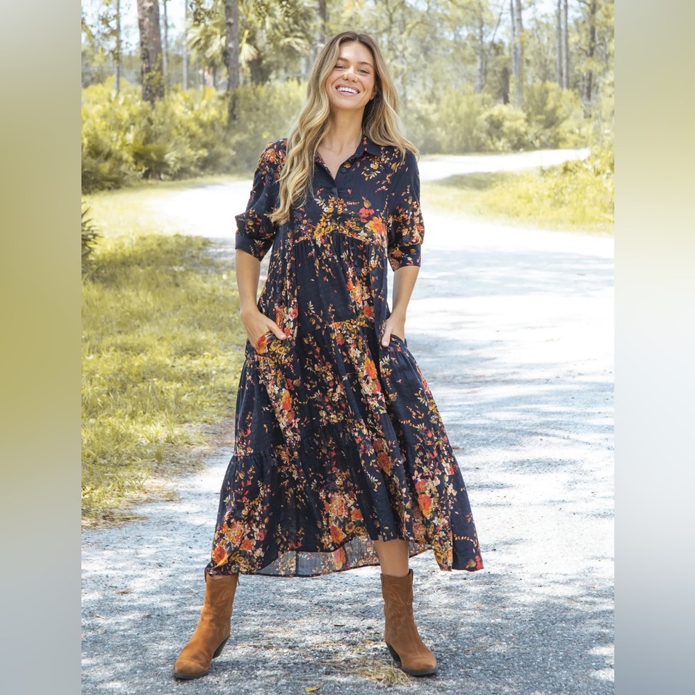 NATURAL LIFE Navy Floral Tiered Midi Dress with Orange and Red Prints